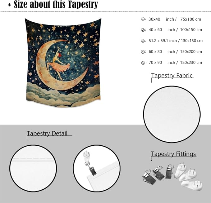 Dancer on the Moon Tapestry Starry Night Sky Art Print Dark Academia Gothic Aesthetic Wall Hanging Stars Moon Clouds Tapestries Whimsical Wall Decor for Nursery Bedroom 30x40inch