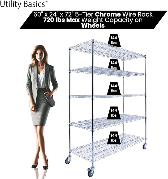 60"x24"x72" Chrome 5-Tier PREMIUM Wire Shelving NSF 4000 LBS MAX CAPACITY Heavy Duty Steel Storage Rack for Warehouses, Garages, Hospitals, Commercial Spaces, & Schools w/PREMIUM WHEELS