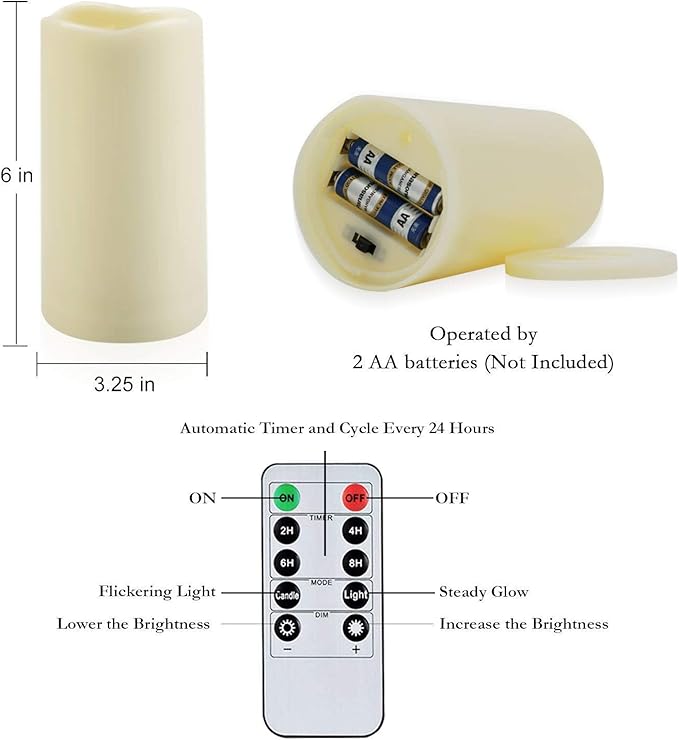 Amagic 3" x 6" Outdoor Waterproof Flameless Candles, Battery Operated Candles with Remote and Timer, Flickering Electric LED Pillar Candle for Outdoor Patio, Garden, Indoor Room Decor, Ivory, Set of 6