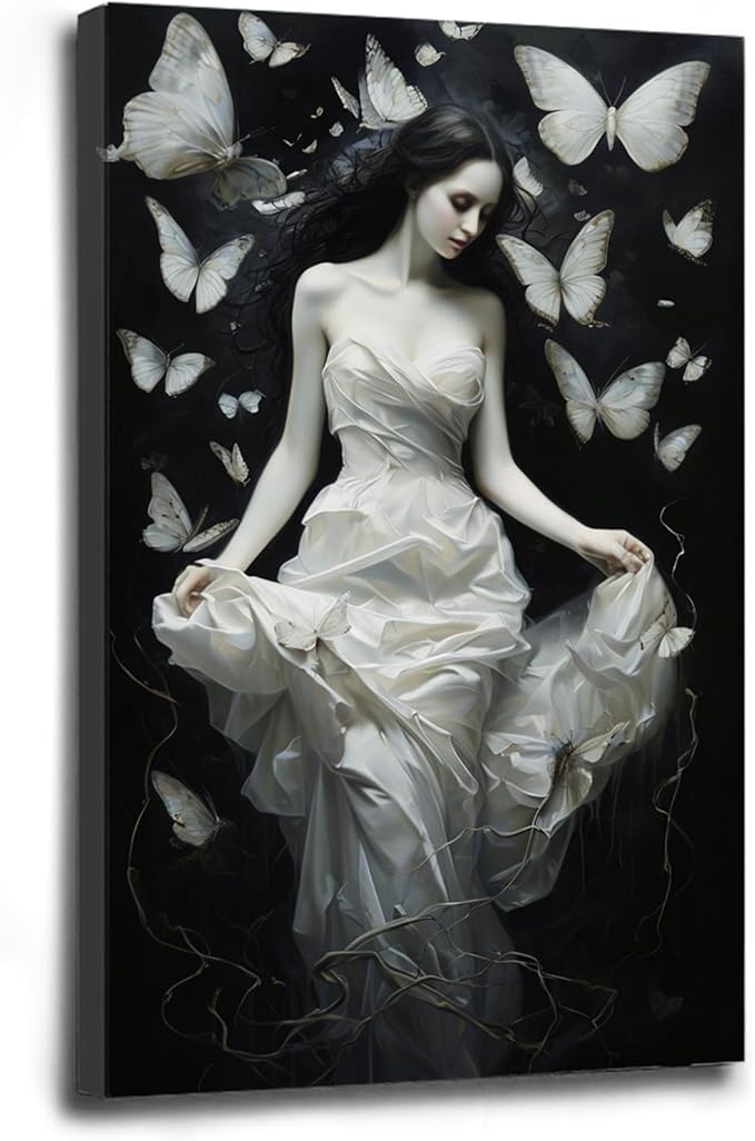 Vintage Gothic Feminine Canvas Wall Art Print Butterfly Poster Moody Preppy Wall Art Dark College Decor for Home Bedroom8x12in Wood Framed