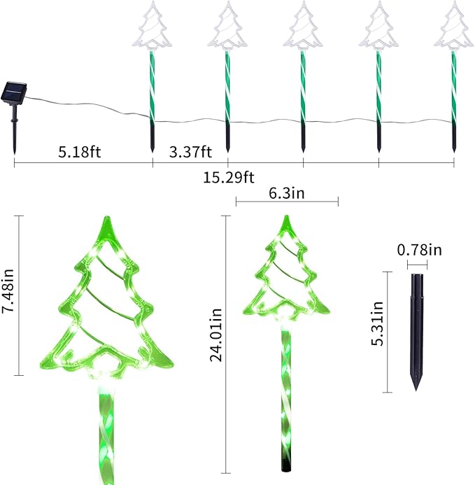 Christmas Solar Pathway Lights Outdoor Decorations, 8 Modes Xmas Tree Candy Lights Waterproof Led Garden Stake Light for Walkway Yard Lawn Porch Holiday Decor 5-Pack (Green Tube Tree, 5 Pack)