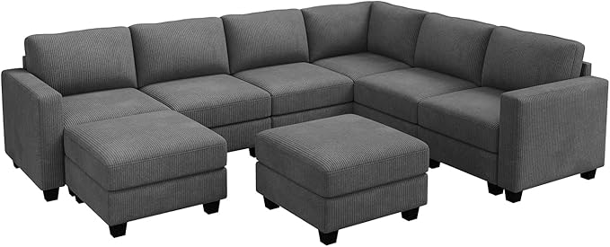 HONBAY Corduroy Sectional Couch with Storage U Shaped Sectional Sofa Modular Sectional Couches for Living Room, Dark Gray