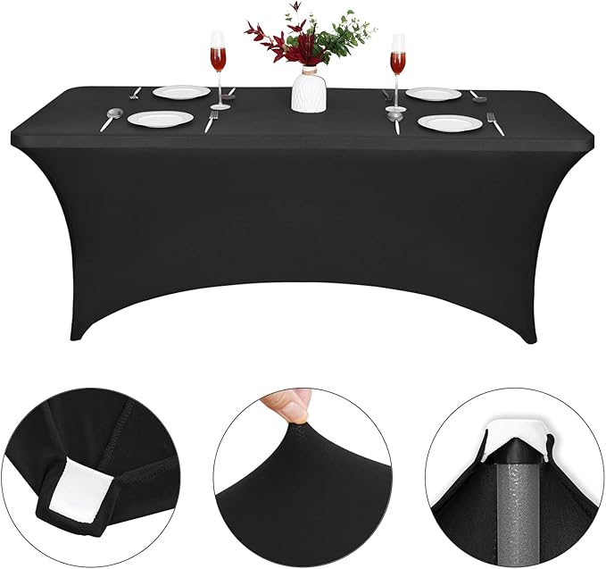 CWK 6FT Stretch Spandex Table Cover for Rectangular Tables - Elastic Fitted Tablecloth for Folding Tables, Wrinkle Resistant, Durable Table Protector for Parties,Weddings,Banquets &Events (Black)