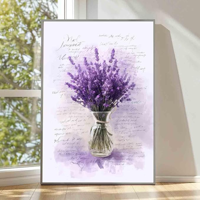 Lavender Wall Art Purple Flower Pictures Flowers In Vase Canvas Wall Art Country Floral Watercolor Flower Prints Rustic Floral Painting Plant Pictures Botanical Flower Prints Decor 16x24inch No Frame