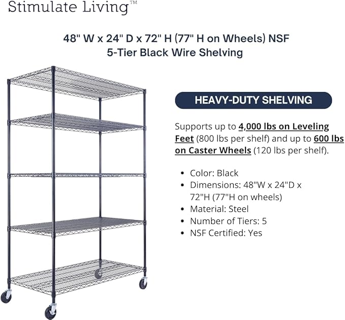 48"x24"x72" Prime Heavy Duty Black 5-Tier Steel Wire Shelving NSF 4000 LBS MAX Capacity Storage Rack for Commercial, School, Home, Garage, Warehouse, Industrial, and Hospital Uses (with Wheels)