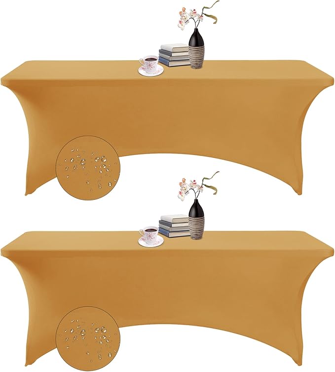 2Pack Spandex Waterproof Table Covers 8ft,Spandex 8ft Waterproof Table Cover for Party,Wedding, Banquet, and Events(Gold)