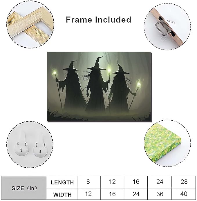 Vintage 3 witches canvas wall decor melancholy dark Halloween poster wall decor holding a staff print Gothic horror Halloween painting print for living room bedroom24x36in Wood Framed