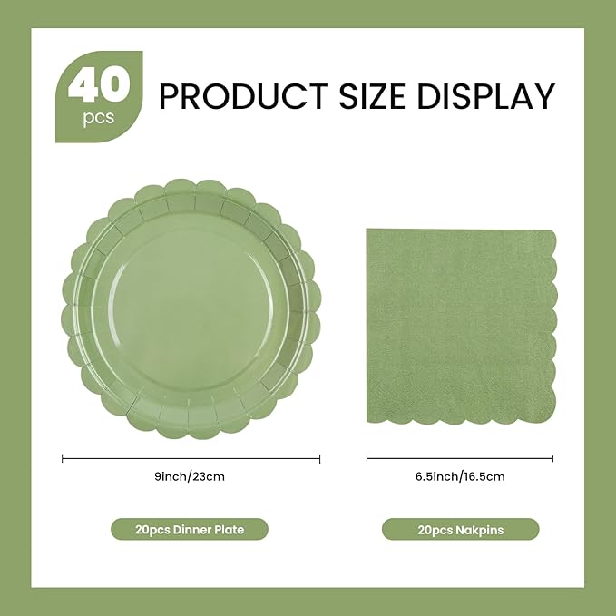 40 Pcs Party Dessert Plates and Napkins Sets Sage Green 9" Paper Plates and 6.5" Napkins Party Supplies Tableware Decoration For Birthday Picnic