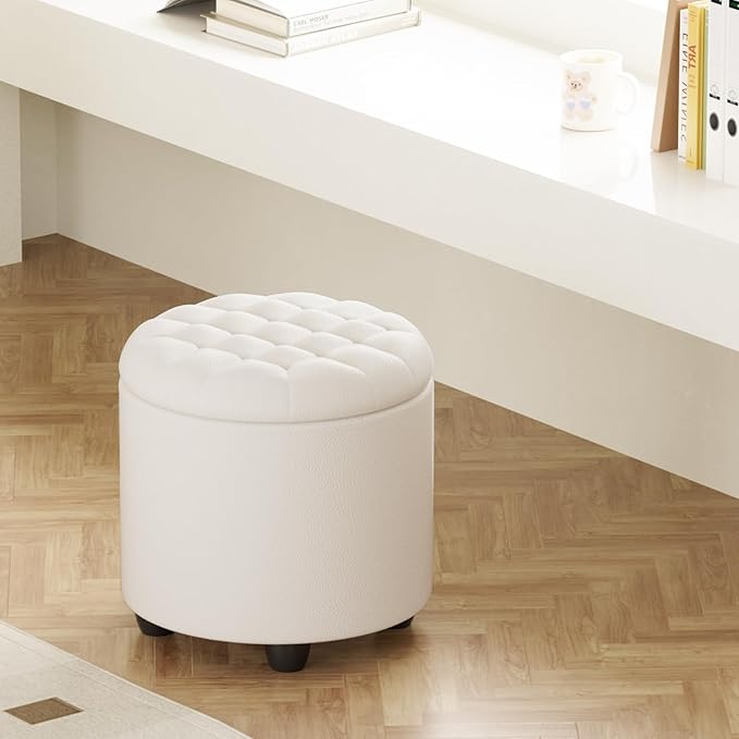 Furniliving Upholstered Button Tufted Round Ottoman, PU Storage Ottoman Round, Removable Lid Convenient Footstools, Classic Ottoman with Storage for Vanity, Nursery Room,IvoryWhite