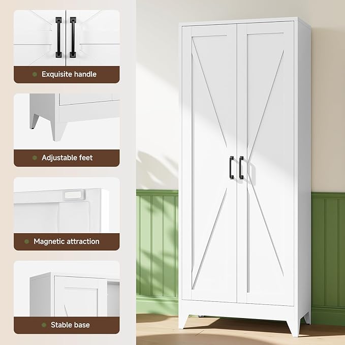 Letaya Storage Cabinet,75" H Metal Kitchen Pantry Cabinets with Doors and Adjustable Shelves,Pantry Organizers for for Cupboard/Office/Garage Room,White