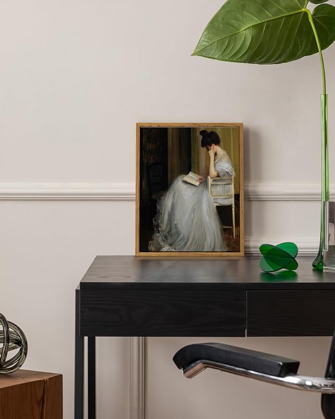 VIYYIEA Framed Canvas Wall Art Home Decor Portrait Art for Living Room Women Reading Pictures Bedroom Bathroom Wall Decor Mid Century Lady Oil Painting Room Decor Vintage Prints Aesthetic 9x11in