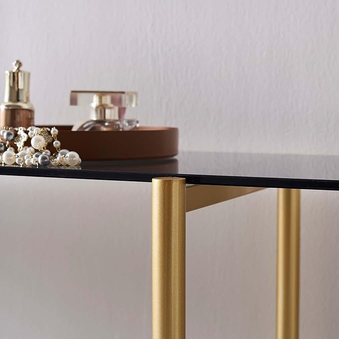 Glass Console Table for Living Room, Foyer & Entrance, 2-Tiers Mid-Century Modern Sofa Table with Grey Glass Top, Black Marble Finish Wood Shelf and Gold Finish Frame