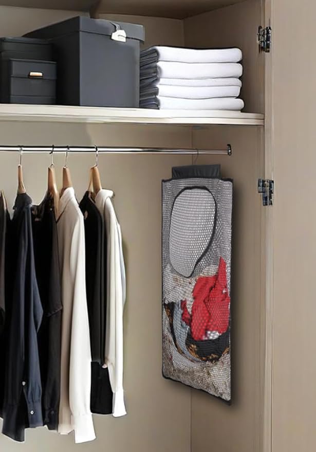 ALYER Breathable Mesh Laundry Hamper,Foldable Hanging Closet Storage Basket,Portable Space Saving Dirty Clothes Bag (Black)