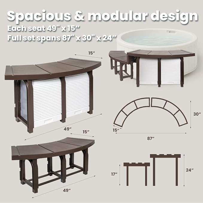 XtremepowerUS SPA Bench Set with Storage & Roller Shades – 2 Medium & 2 Tall Benches, Brown, 400 lbs Capacity, Outdoor Use
