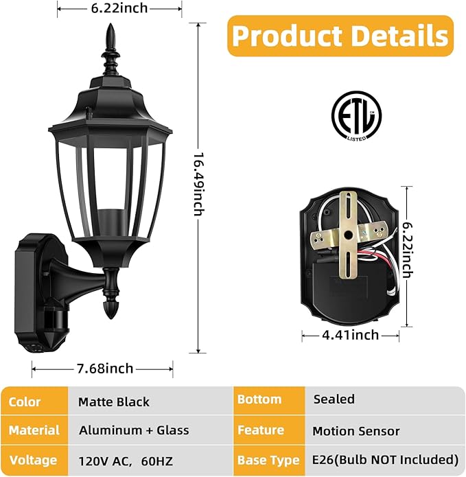 Lamomo Motion Sensor Outdoor Lights, Dusk to Dawn Outdoor Lighting, Exterior Aluminum Waterproof Porch Lights for Patio Front Door Garage(1 Pack
