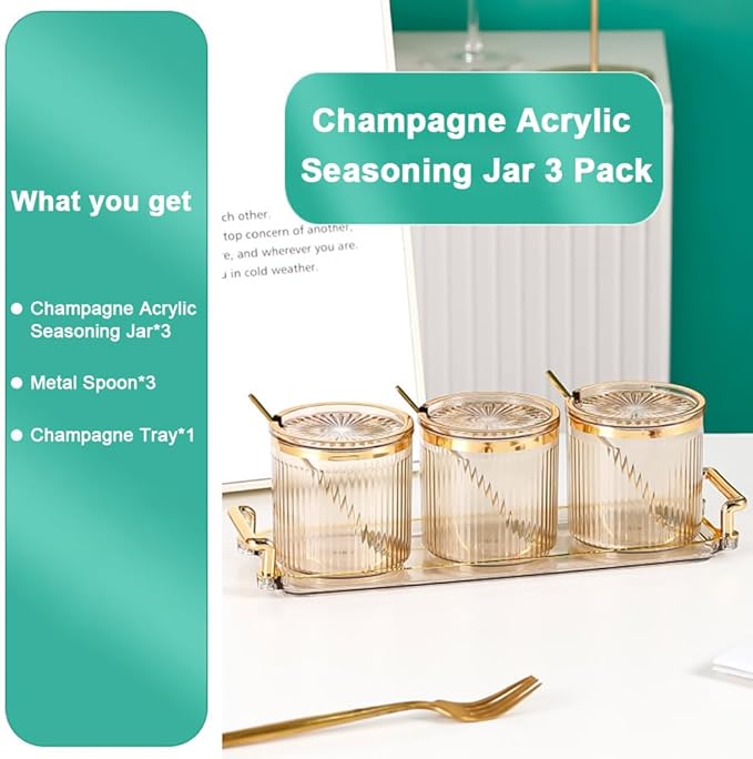 Acrylic Condiment Spice Jars,Condiment Spice Box With Lids and Spoons and Tray,Clear Plastic Sugar Salt Canisters,Seasoning Box 3 Pack,Seasoning Box Set for Kitchen to Storage Salt,Paprika,Sugar