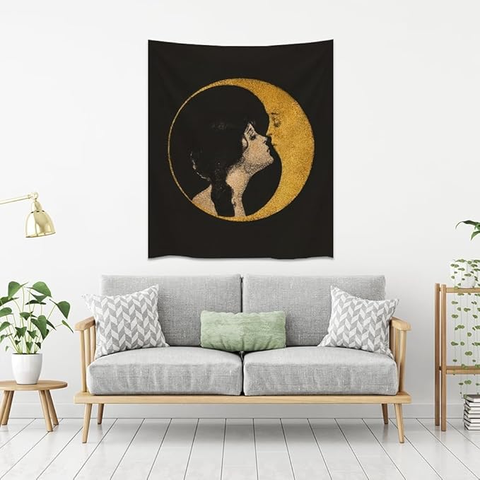 Dark Academia Woman Kissing Moon Art Tapestry Gothic Aesthetic Wall Hanging Witchy Picture Print Moon Goddess Tapestries Wall Decor for Living Room Bedroom Dorm 70x90inch