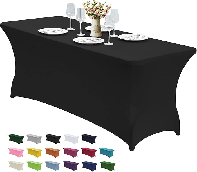 CWK 4FT Waterproof Stretch Spandex Table Cover for Rectangular Tables - Elastic Fitted Tablecloth for Folding Tables,Wrinkle Resistant Table Cloth for Parties, Weddings, Banquets & Events (Black)