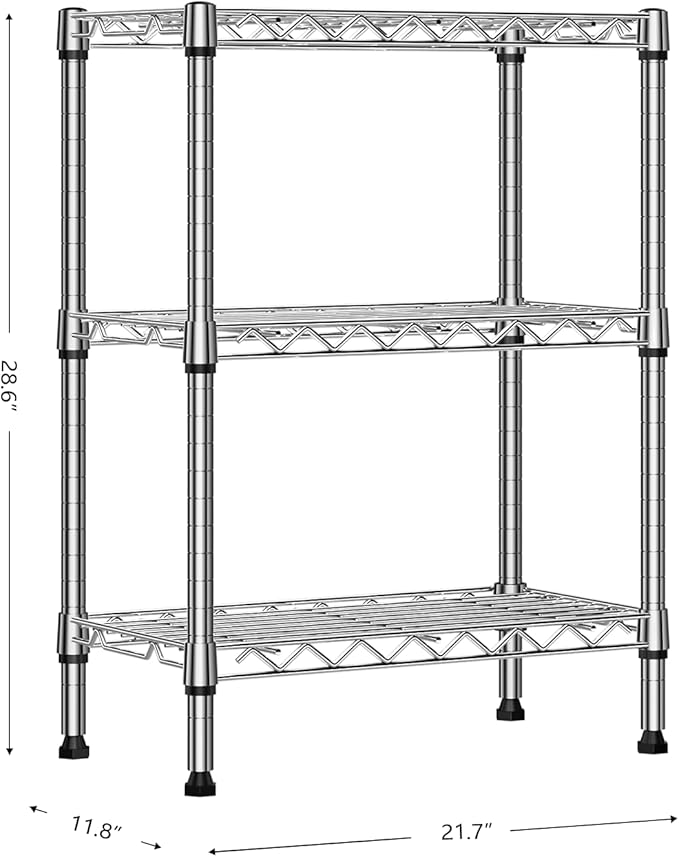 750 lbs 3 Tier Shelf Metal Storage Shelves Wire Rack Closet Organizers with PP Board for Garage Kitchen Bathroom Laundry Chrome 11.8" D x 21.7" W x 28.6" H