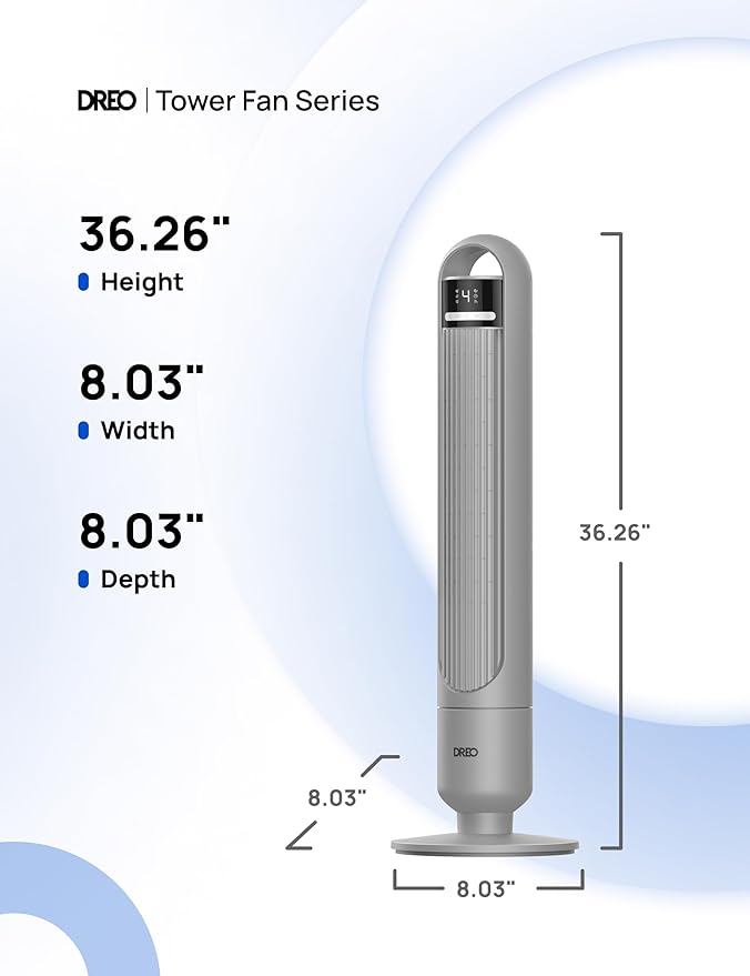 Dreo Tower Fan for Bedroom, 90Β° Oscillating Fan, Standing Fan with 3 Modes, 4 Speeds, 8H Timer Cooling Fans for Home, Living Room, Office, Grey, TF117