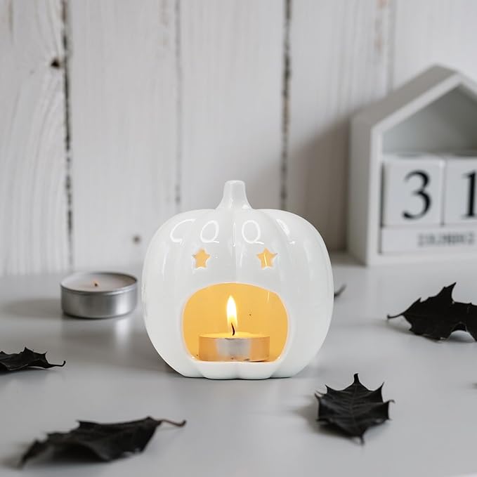 Ceramic White Pumpkin Candle Holder, Halloween Decor Candlestick Holder with Star Hole for Halloween Party, On a Desk at Work, Home Decoration, Daughter Girlfriend Mother Gift