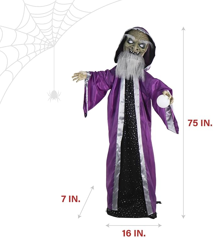 Haunted Hill Farm Talking Wizard Halloween Animatronic with Movement and Light-Up Crystal Ball for Scary Indoor or Covered Outdoor Halloween Decorations, Battery Operated Halloween Prop