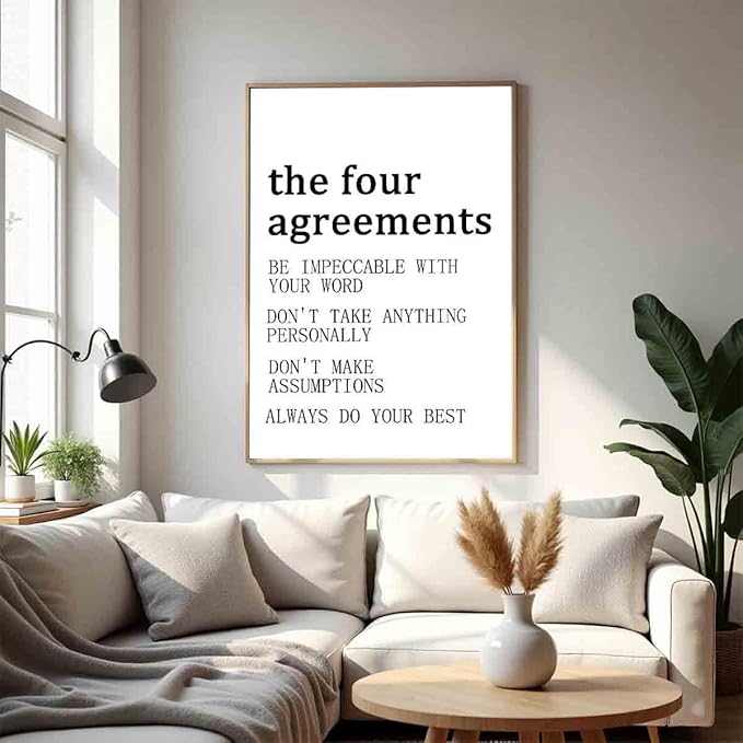 The Four Agreements Poster Inspirational Wall Art Black And White Quote Posters Positive Inspirational Wall Art Vintage Poster Motivational Painting Modern Canvas Minimalist Decor 16x24inch No Frame