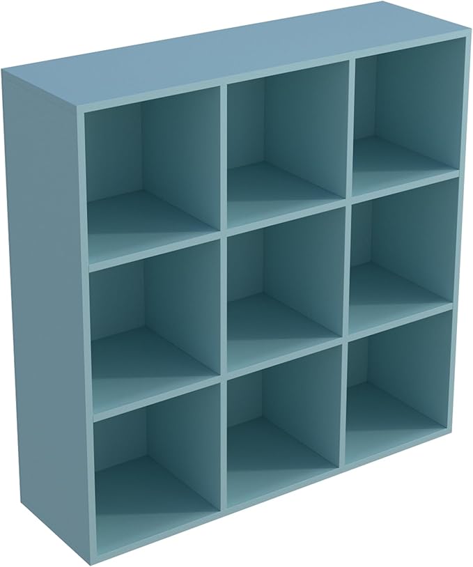 9-Cube Storage Shelf Bookcase - Wooden 3-Tier Floor Standing Open Bookshelf for Home and Office, Display Cabinet, Light Blue