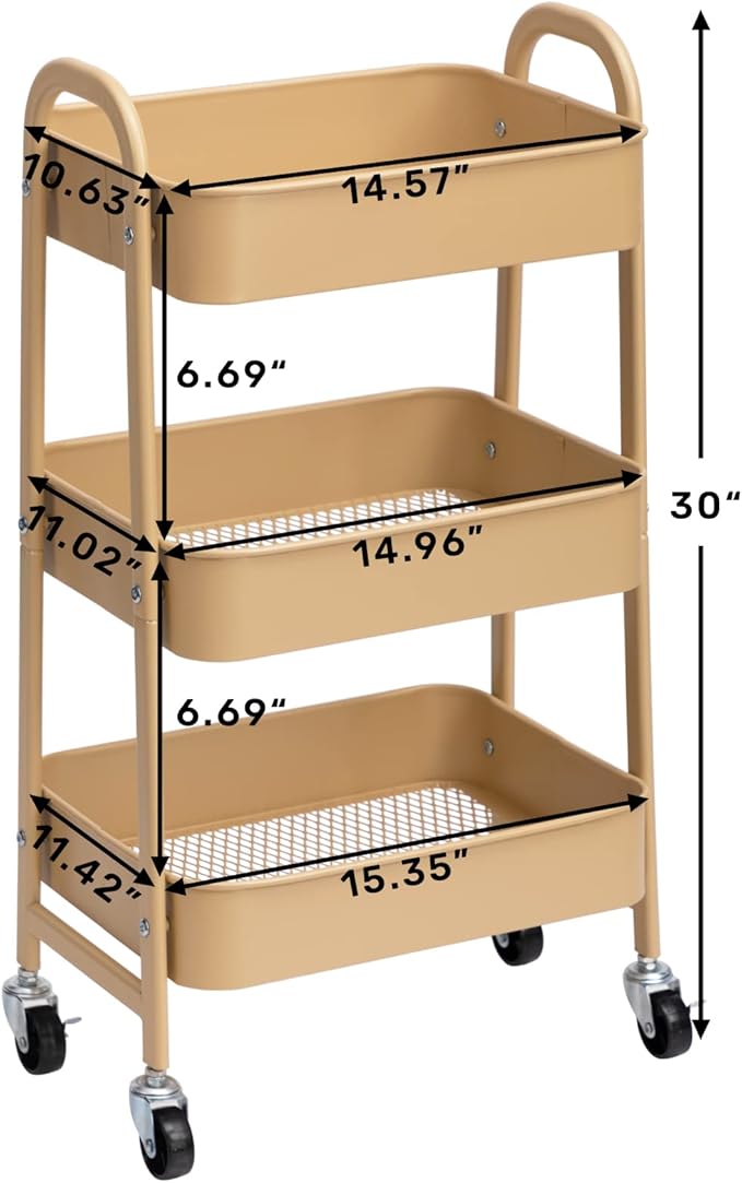 AGTEK Makeup Cart, Movable Rolling Organizer Cart, 3 Tier Metal Utility Cart with Lockable Wheels for Home & Office, Golden