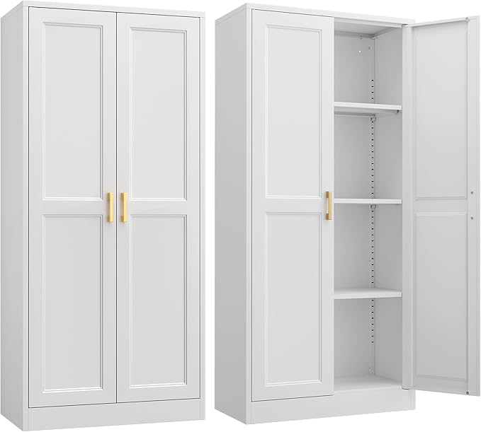 Kitchen Cabinet Storage,60”Metal Pantry Cabinet with Doors and 3 Adjustable Shelves,Food Pantry Cabinets with 2 Gold Handles,White Tall Storage Cabinet for Livingroom,Pantry,Bathroom,Kitchen