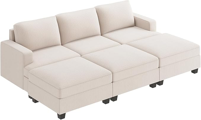 Nolany Corduroy Sectional Couch with Storage Ottoman, Sleeper Sectional Sofa with Chaise, Modular Sectional Couches for Living Room, Beige