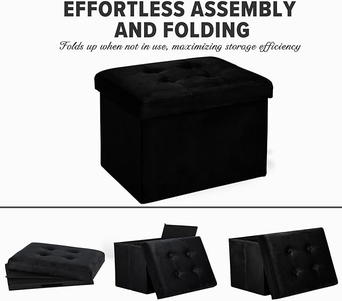 LINMAGCO Storage Ottoman Folding Foot Stool Velvet Foot Rest with Padded Modern Ottoman with Storage for Living Room Puppy Step Stool 17x13x13in(Black)