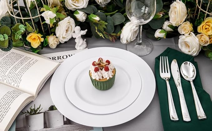 FLOWERCAT 60PCS White Plastic Plates - Heavy Duty White Disposable Plates for Birthday Party/Wedding -serve for 30 guests Include 30PCS 10.25" Dinner Plates & 30PCS 7.5" Dessert Plates for Party