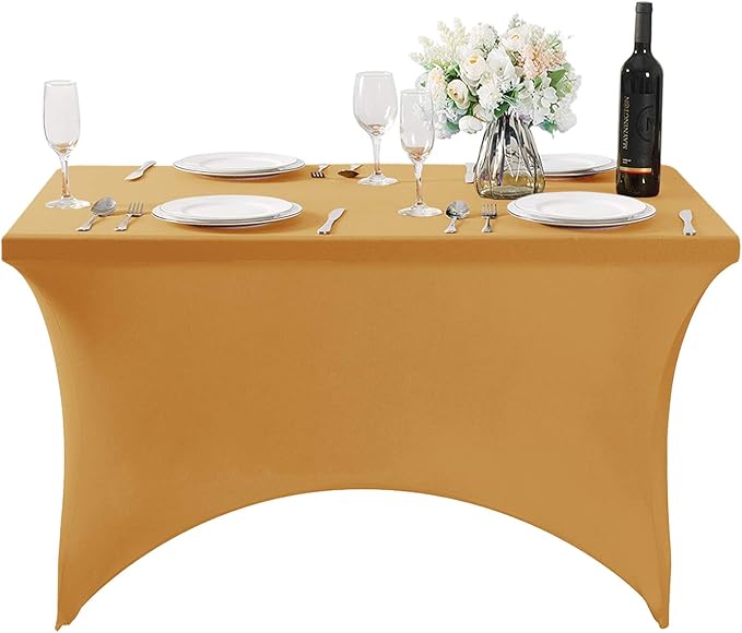 2Pack Spandex Table Cover for 4FT or 6ft or 8ft Table Universal Fitted Stretch Tablecloth for Party, Banquet, Wedding and Events-Gold