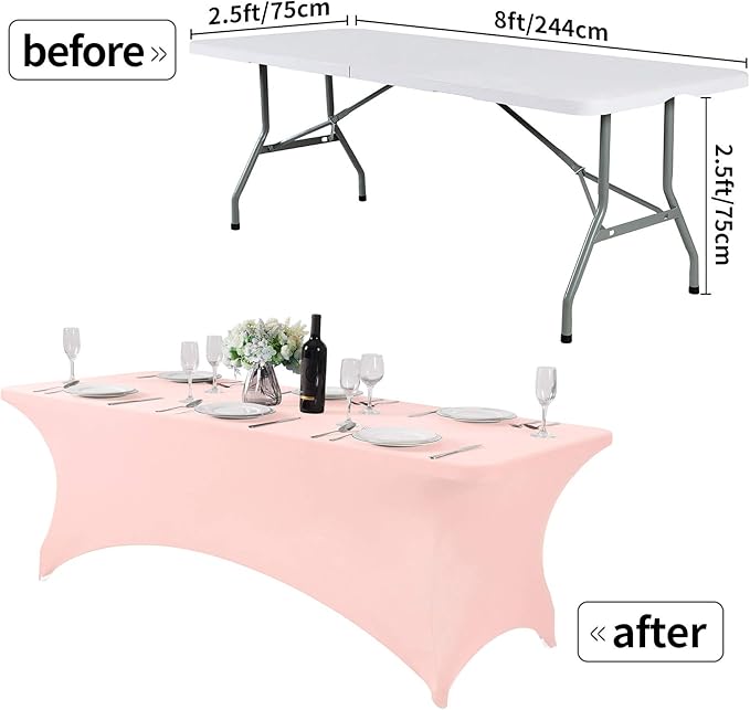 2Pack Spandex Table Cover for 8FT or 4ft or 6ft Table Universal Fitted Stretch Tablecloth for Party, Banquet, Wedding and Events-Blush Pink