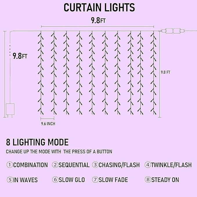 Dazzle Bright 300 LED Curtain String Lights, Halloween Fairy Lights for Bedroom with 8 Lighting Modes, Connectable Waterproof Window Light Party Wedding Garden Wall Decor, Purple