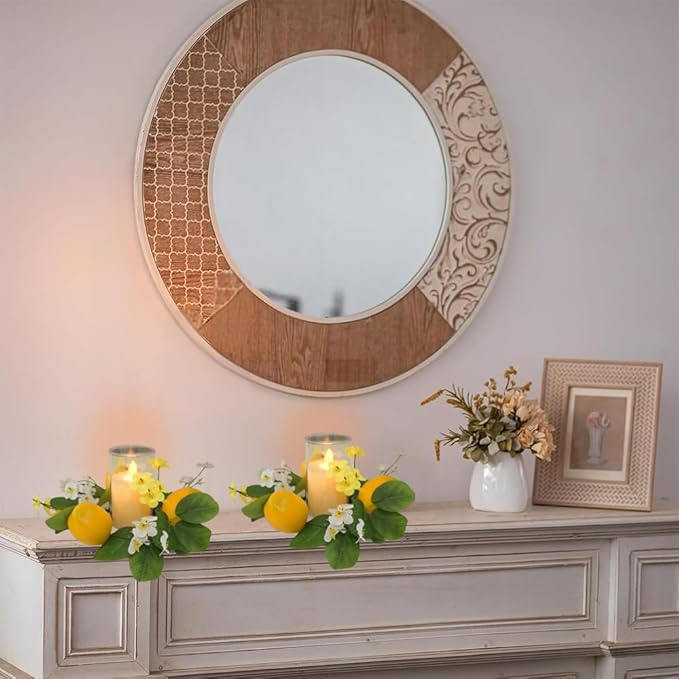 4Pcs Lemon Candle Rings Wreaths 3inch Center Decorative Greenery Candle Holder Rings with Flowers Spring Mini Wreaths for Pillar Wedding Farmhouse Front Door Wall Table Centerpiece Home Decorations