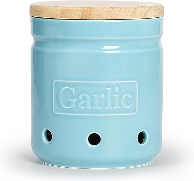 Large Garlic Keeper with Wooden Lid, Ceramic Garlic Holder Storage, Garlic Container for Kitchen, Garlic Saver to Keep Your Garlic Cloves Fresh Longer 4.5-Inch, Turquoise