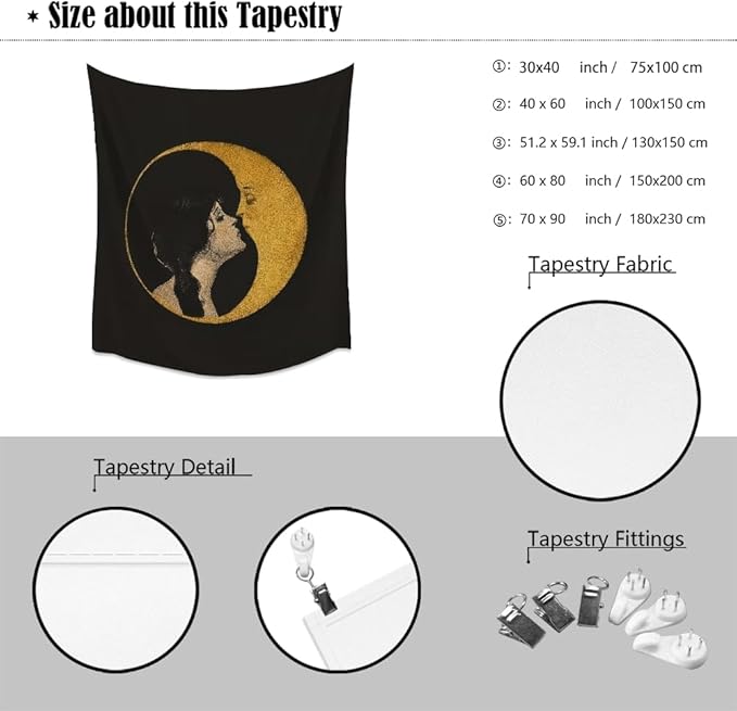 Dark Academia Woman Kissing Moon Art Tapestry Gothic Aesthetic Wall Hanging Witchy Picture Print Moon Goddess Tapestries Wall Decor for Living Room Bedroom Dorm 50x60inch