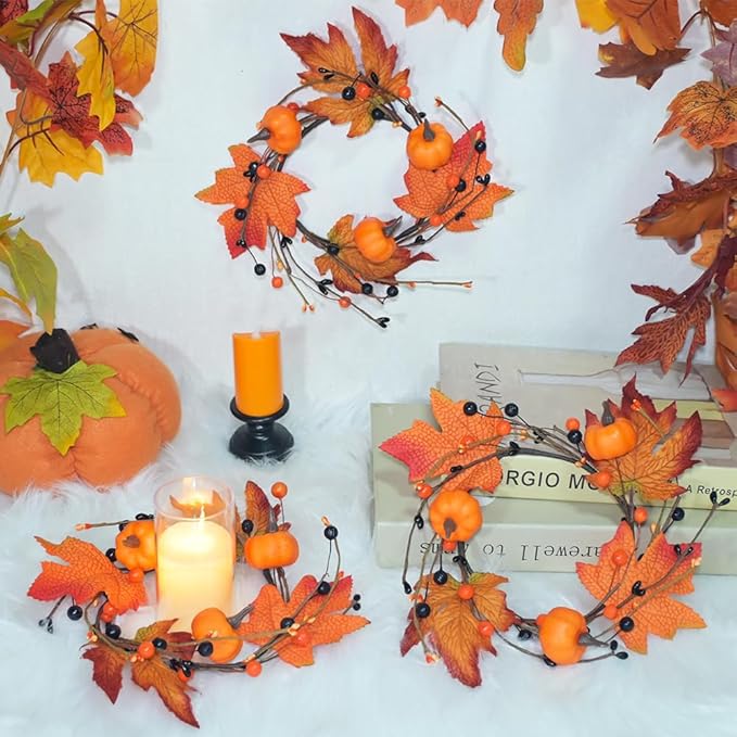3pcs Fall Candle Rings Wreaths Autumn Maple Leaves Pumpkins Berries Candle Holder Rings Mini Wreaths Decorations for Tables Centerpieces Halloween Thanksgiving Harvest Christmas Home Kitchen Decor