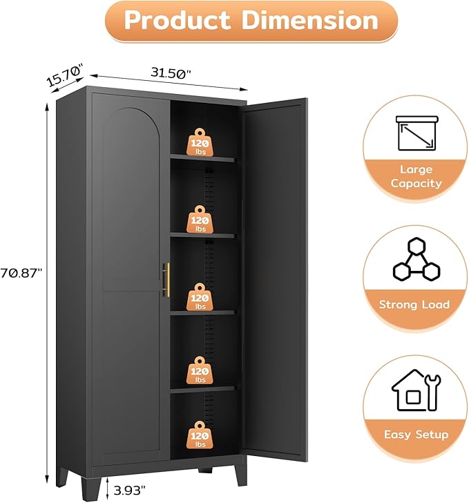 70.87" H Metal Kitchen Pantry Cabinet, Freestanding Cupboard with 2 Doors and 4 Adjustable Shelves, Tall Metal Storage Cabinet for Kitchen, Bathroom, Dinning Room or Laundry Room (Black)