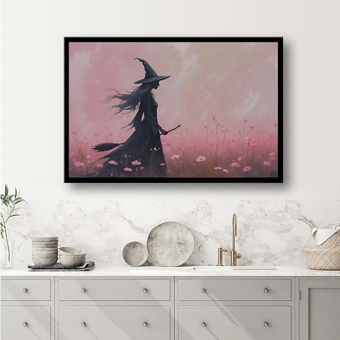 JFHCQJPK Witch in the pink sea of flowers Halloween prints weird flowers wall art silhouette painting fashionable romantic decoration suitable for bedroom16x24in Metal blackFramed