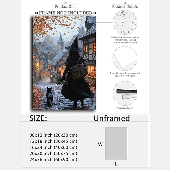 Autumn Witch And Black Cat Picture Wall Decor,Halloween Canvas Vintage Rustic Wall Art,Preppy Bedroom Living Room Bathroom Poster Print,24"x36" Unframed