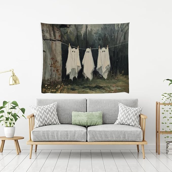Vintage Halloween Tapestry Funny Ghosts on Clothesline Tapestry Wall Hanging Farmhouse Gothic Room Decor Spooky Ghost Prints for Dark Academia Halloween Party House Decoration Tapestries 40x60inch