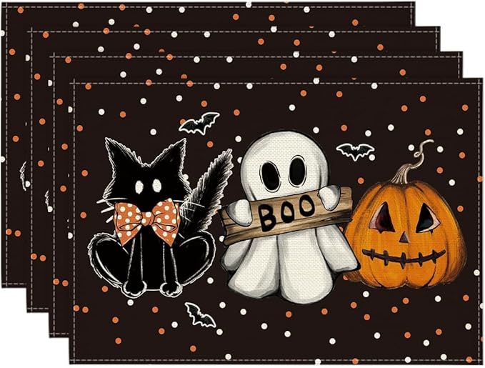 Artoid Mode Polka Dot Ghost Pumpkin Cat Boo Halloween Placemats Set of 4, 12x18 Inch Seasonal Fall Table Mats for Party Kitchen Dining Decoration