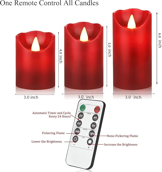 Flameless Battery Operated LED Candles with10key Button Remote Control 24-Hour Timer Set of 3 Electric Flickering Pillar Real Wax,Wedding, Party, Home Decoration (Red)