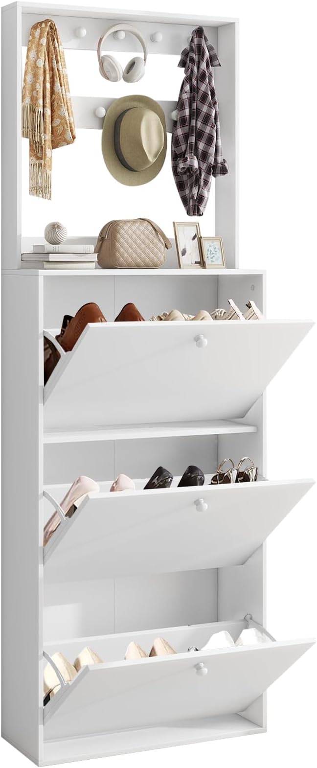 Shoe Storage Cabinet with 3 Flip Drawers, Narrow Shoe Cabinet with 9 Hooks Coat Rack, Freestanding Slim Shoe Storage Organizer for Entryway, Hallway, Entrance, Bedroom, Living Room, White