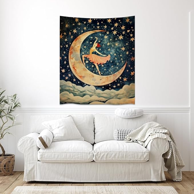 Dancer on the Moon Tapestry Starry Night Sky Art Print Dark Academia Gothic Aesthetic Wall Hanging Stars Moon Clouds Tapestries Whimsical Wall Decor for Nursery Bedroom 30x40inch