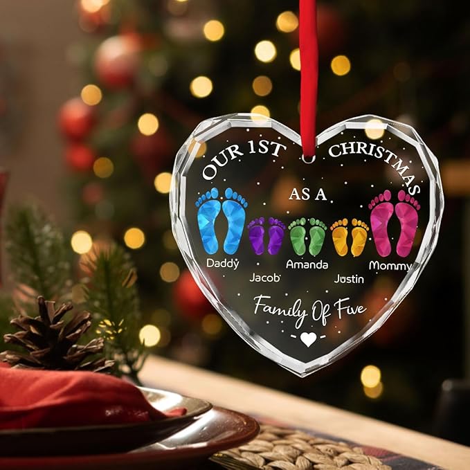 First Christmas As A Family - Personalized Custom Glass Ornament for Family of 4 People and Pets, 1st Xmas Family Ornament 2025 Baby's First Christmas