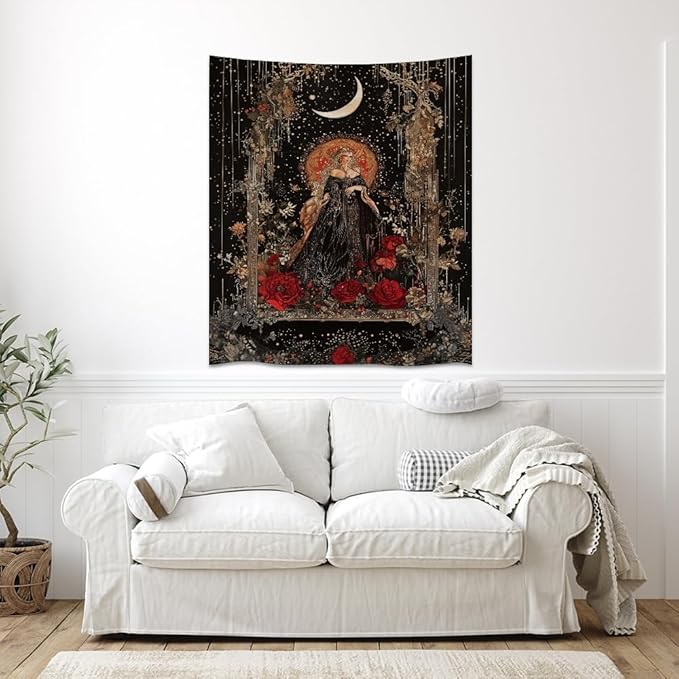 Dark Academia Moon Goddess Tapestry Gothic Fantasy Rose Wall Art Mystical Witchy Woman Print Victorian Artwork Aesthetic Tapestries Wall Hanging for Girls Room Bedroom Decor 30x40inch